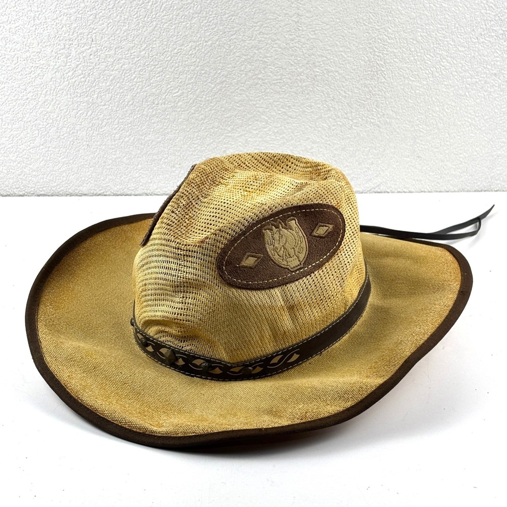 Vtg Sierra‎ Cowboy Hat Unisex Medium Tan Mesh Crown Horseshoe Studded Band
